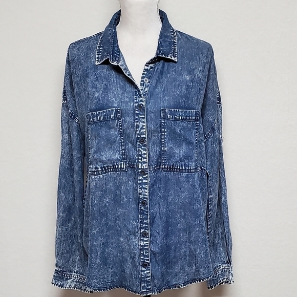 LIVERPOOL Jeans Washed Out High Low Button Up Split Back Top Large - Picture 4 of 13
